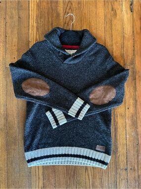 Roots Cabin Wool Blend Shawl Collar Pullover Sweater Brown Suede Elbow Patches